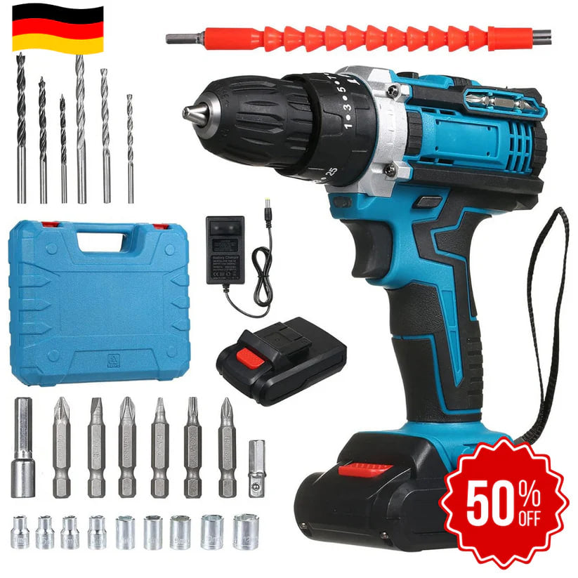 DrillMaster | Elektromos ütvefúró akkumulátorral (Teljes német készlet)