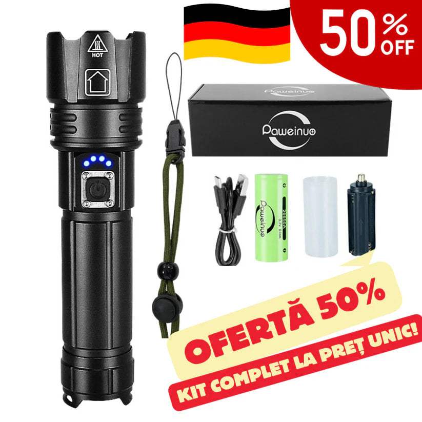 Taktikai zseblámpa készlet német lézerrel + Doboz + Ingyenes pót Akku – TitanLux™